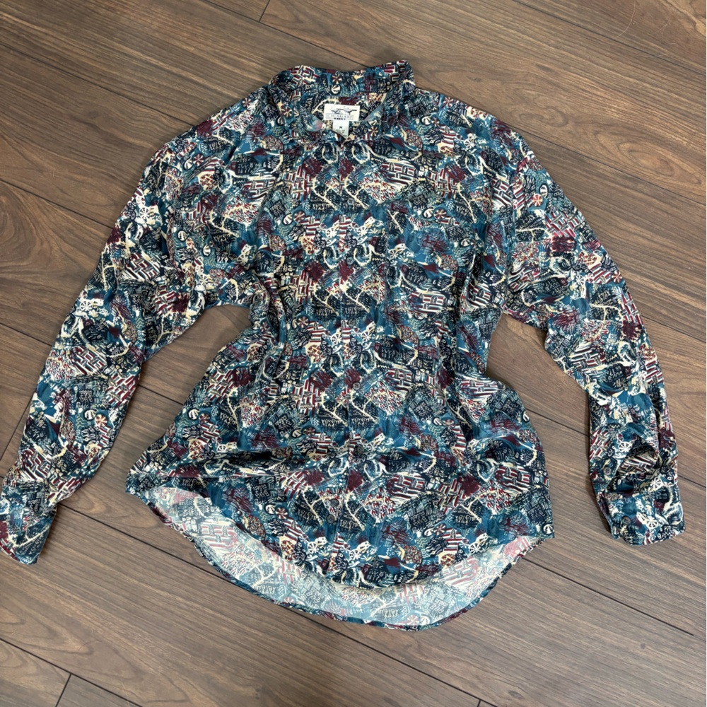 Printed Long Sleeve Blouse - Teal, Burgundy, Cream Pattern